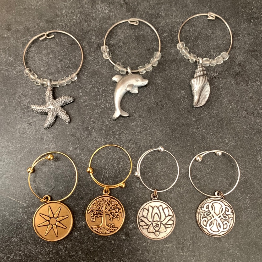 4 Alex and Ani wine glass charms, 3 Seashore themed wine glass charms